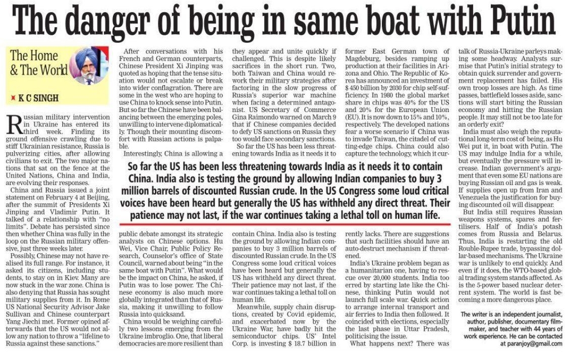 fpjindia's tweet photo. #RussiaUkraineWar: The danger of being in same boat with #Putin
✍🏼 K C Singh (@ambkcsingh)
#Editorial #FPJEdit #RussiaUkraineCrisis #RussiaUkraineConflict #News
Read More 👇🏻
https://t.co/L6SioBgIVn https://t.co/a6BFTxN6Lz