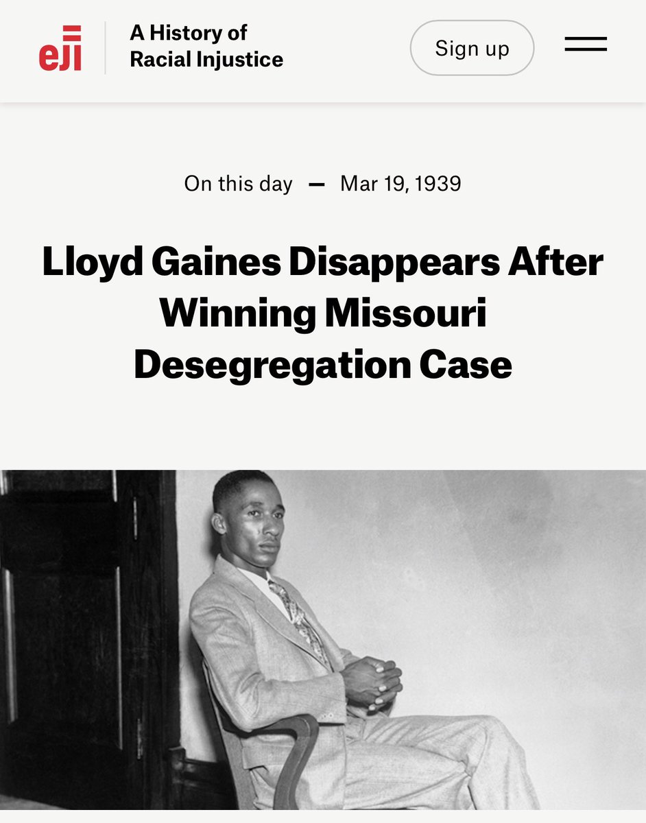 OneInATrilli's tweet image. On March 19, 1939, just months after he prevailed in a lawsuit to force the University of Missouri to accept him to its all-white law school, a young Black man named Lloyd Gaines went missing and was never seen again.