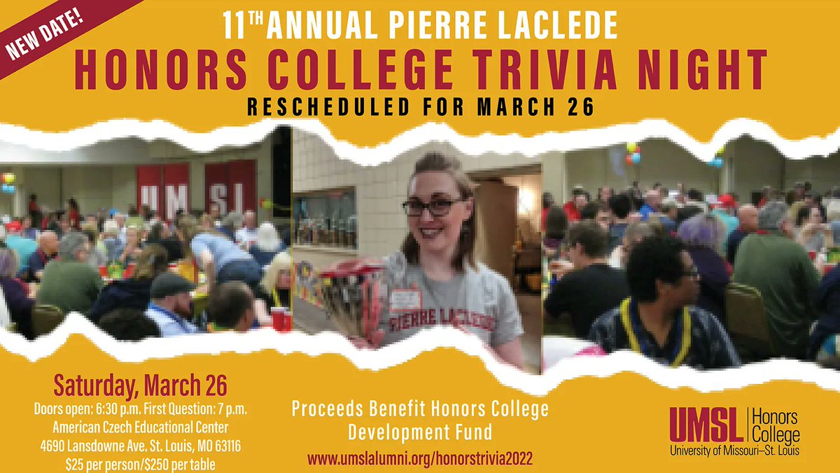 UMSLalumni's tweet photo. The award-winning  @UMSLHonors Trivia Night is back and it's next weekend! You can still sign up and join us Saturday, March 26!  Sign up at https://t.co/8QoiD0IcFk  #trivianight https://t.co/OkyKCL68PG