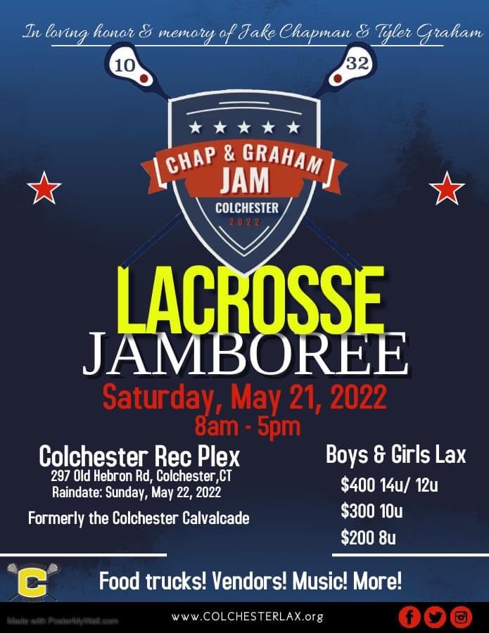TG32LAX's tweet photo. The Colchester Calvacade is now the Chap and Graham Jam! Spread the word to youth lacrosse programs in the area to join the Jamboree for a fun day of lacrosse 🥍 Growing up, this was one of Tyler’s favorite tournaments to play in! Hope to see you there! 🥍🥍 https://t.co/4Nua1326Qi