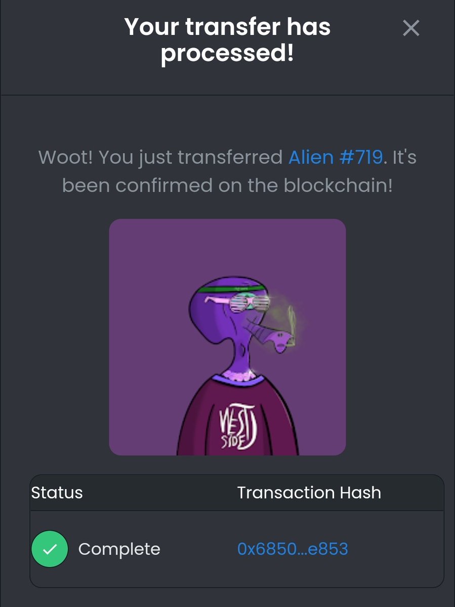 🎉 WE HAVE A WINNER 🎉

🚀 Congratulations to <a href="/cheech008/">Kiel</a> for winning Alien #719 👽🎁

🛸 Thank you for participating and being a part of this project! 🪐

🎁 The next giveaway will start as soon as we reach 2K followers! 🎊

#NFTGiveaway #NFT #nftcollector