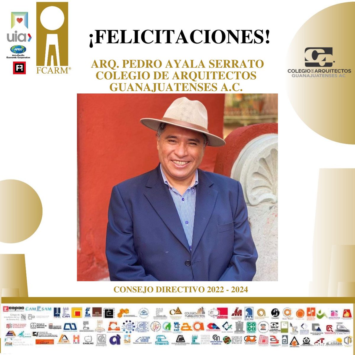 FCARMNacional's tweet photo. La #FCARM que preside el Arq. @MarcoAVergaraV y los integrantes del CEN 2022 felicitan a:

Arq. Pedro Ayala Serrato Presidente del  @oficial_CAG  Consejo Directivo 2022-2024, arquitectos y arquitectas reiteramos nuestro compromiso de trabajo juntos. 

#somosFCARM https://t.co/QXlm9AWFYT