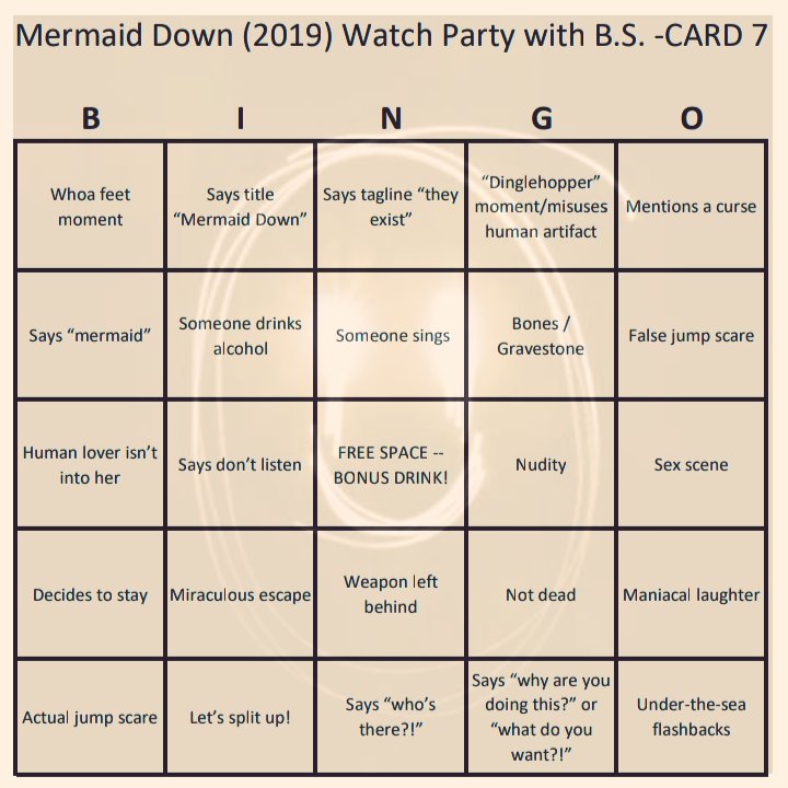 MovieReviewsBS's tweet photo. 🎈Get your FREE #BingoCard for our #MermaidDown #WatchParty🎉🎈 2/2
FRI Mar18
Mermaid Down(2019) #Tubi👍
It's a mermaid's revenge.
#Live📢 9pm ET on #PredrinkingHorrorBS🍻
#Predrinks #Drinks #CollegeHumor #DrinkingGames #HorrorFam #HorrorCommunity #HorrorMovies https://t.co/lBNNmsOAnM