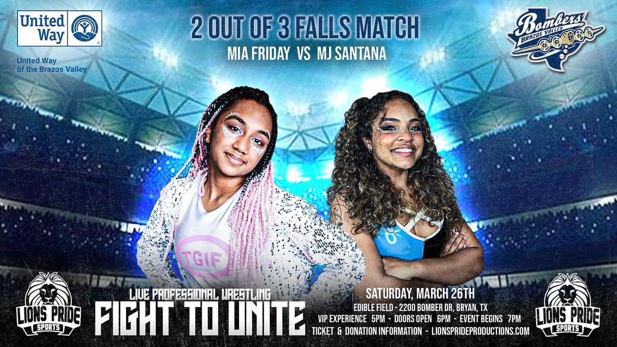 LionsPrideTX's tweet photo. They’ve gone through street fights, submission matches, and tag matches…
At #FightToUnite MJ Santana and @ItsMiaFriday get a chance to steal the show one more time in a 2-out-of-3 Falls Match!
50% OFF VIP SALE ENDS TONIGHT:
https://t.co/7VvgS47UUM https://t.co/mmRAjmc8w7