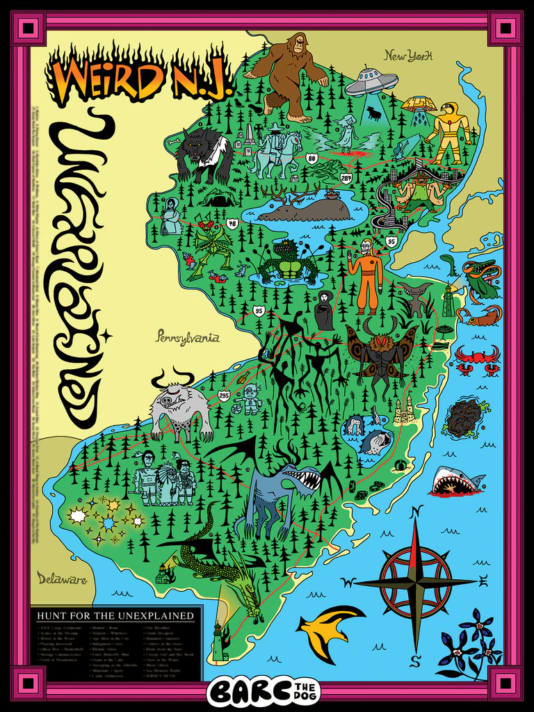 weirdnj's tweet photo. We're excited to introduce our brand NEW poster by @BARCthedog featuring all the weird, wonderful &amp; wacky unexplained attractions of NJ! It has creepy cryptid creatures, ghostly ghouls, otherworldly entities &amp; even a "Hunt for the Unexplained" game.

https://t.co/pjMmFiZwat https://t.co/aNDv9ZPvPx