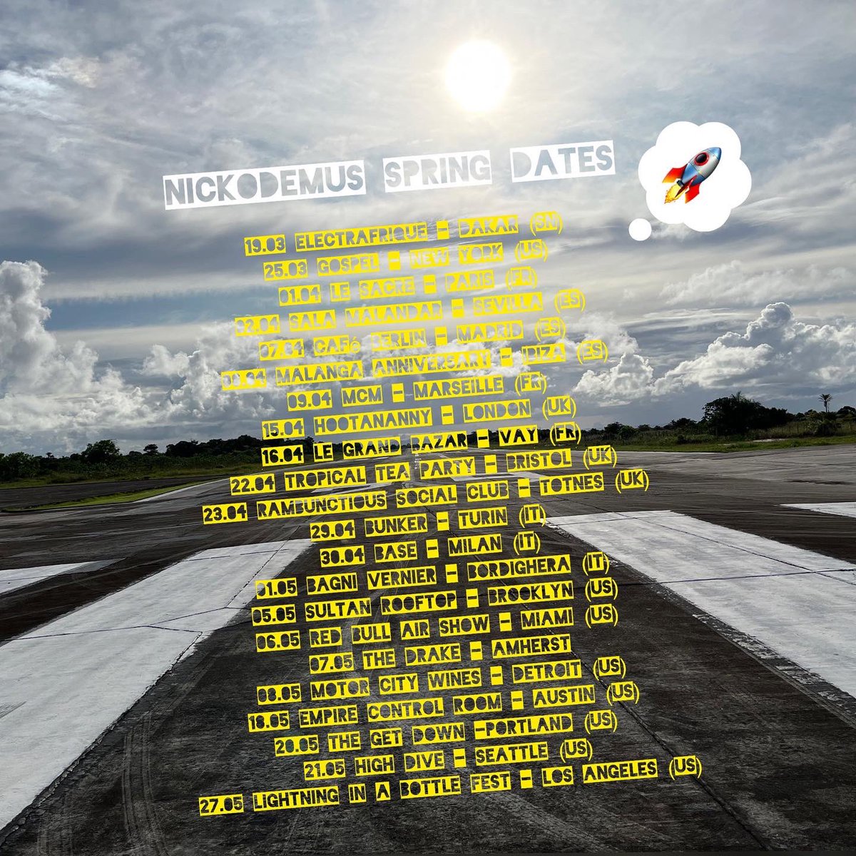NickodemusNYC's tweet photo. My quick Spring Tour flyer announcement. I do dream of flying my own plane one day… #nickodemustours #flyrobinfly #musictakesusup https://t.co/E3V1HYGToa