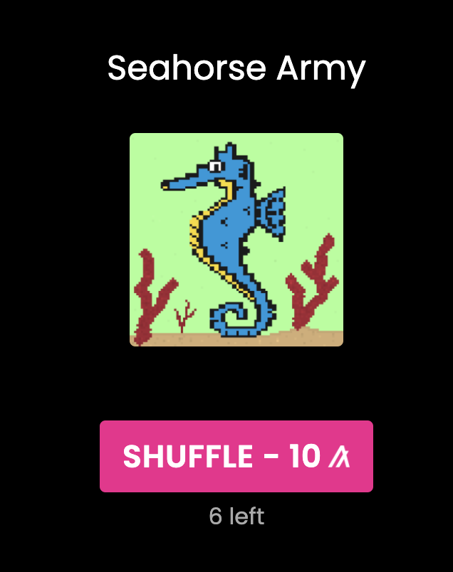 ALGOxNFT's tweet photo. Down to make someone's day? Here are a few nearly sold out shuffles 🥳🥳🥳

@AlgoBorbs https://t.co/rmlBsex1xi

@KudukingNft https://t.co/lAnsDKDaks

@SeahorseArmy https://t.co/zkxQAKPS5k

#instashuffle #algorand #algofam https://t.co/XenKRz0Azu