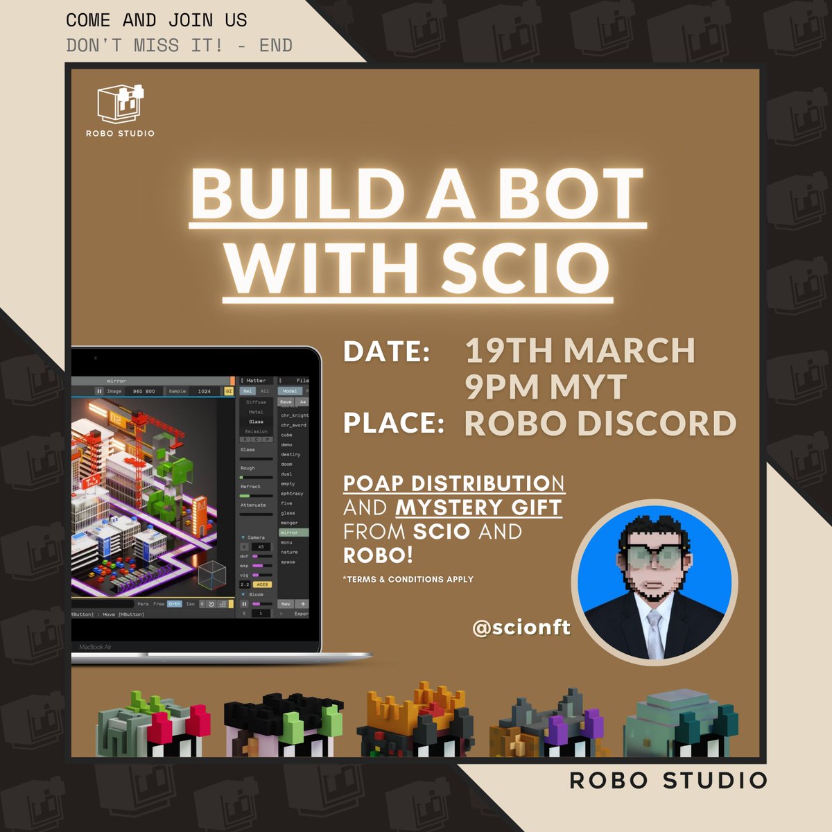 Today is the day! Don't forget to join us and <a href="/scionft/">SCiO</a> tonight at 9 pm in Robo Discord (link in our bio).

-POAPs to participants.
-We will provide a basic bot for you to customize.
-Mystery gifts for lucky participants. 

See you all tonight!🤖
This event is open to ALL. 😊