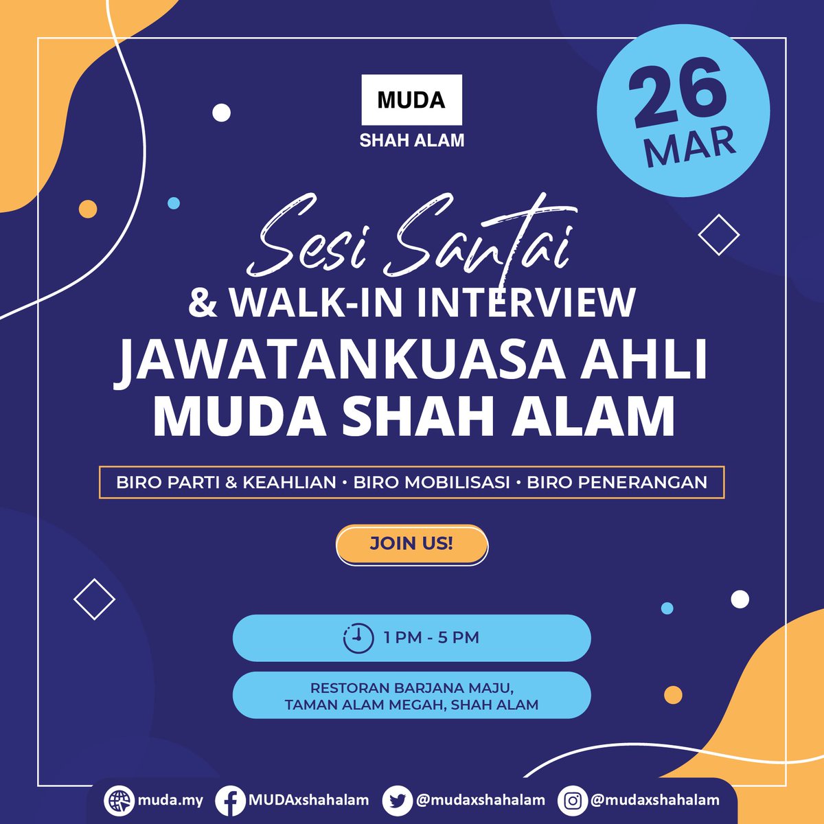 MUDAShahAlam's tweet photo. Good news! 📢

MUDA Shah Alam nak ‘expand’ our team! Selepas MUDA berjaya menang satu kerusi di Puteri Wangsa Johor, kehangatan PRU15 makin terasa. Ingin bersama MUDA? Ingin menyumbang idea dan tenaga? Sertai kami sekarang.

@MUDAxSelangor @partimuda https://t.co/qHAV7XlMC7