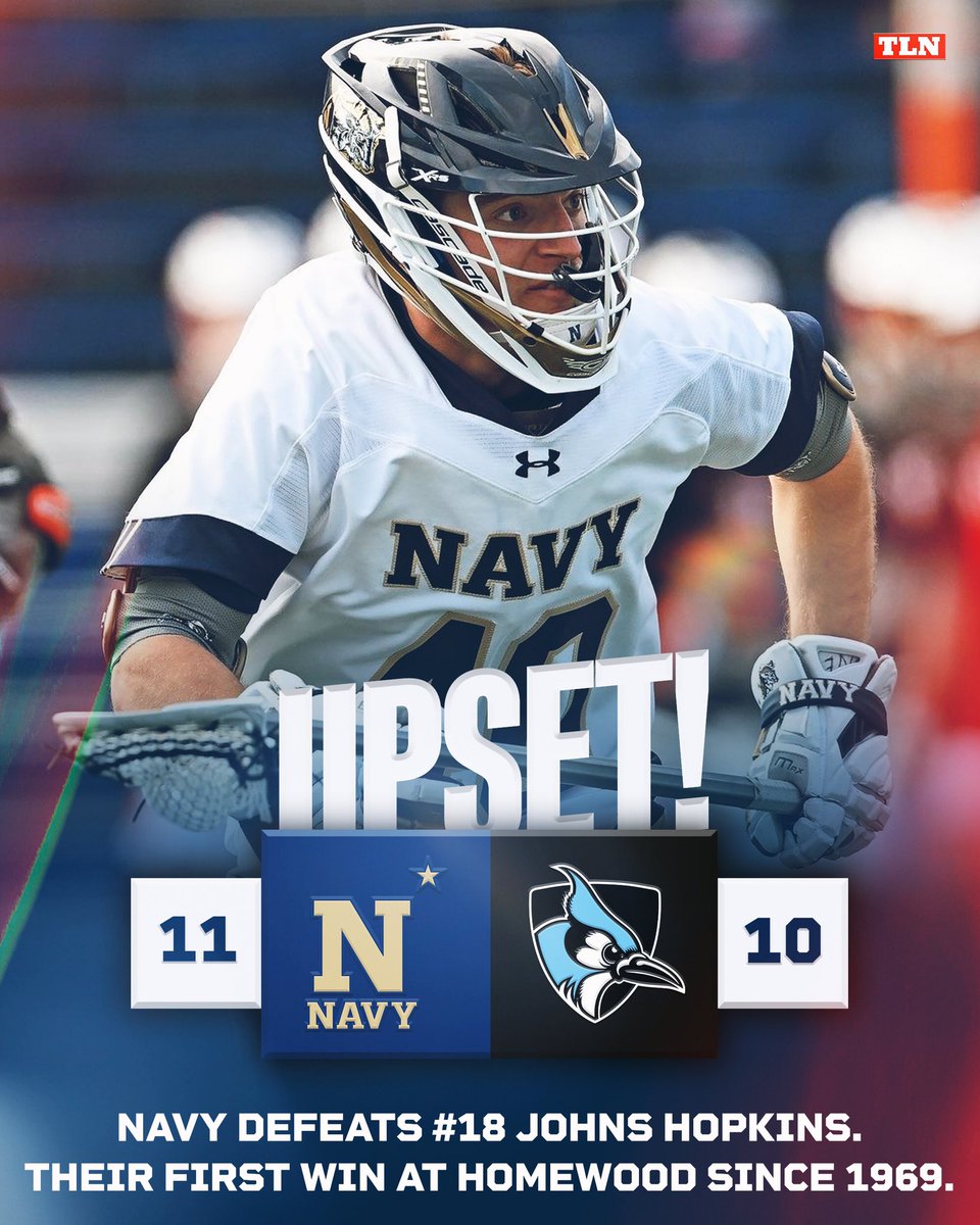 LacrosseNetwork's tweet photo. ⚓️ UPSET ALERT ⚓️

@navymlax defeats @jhumenslacrosse at Homewood for the first time since 1969! https://t.co/QqugdhErT4