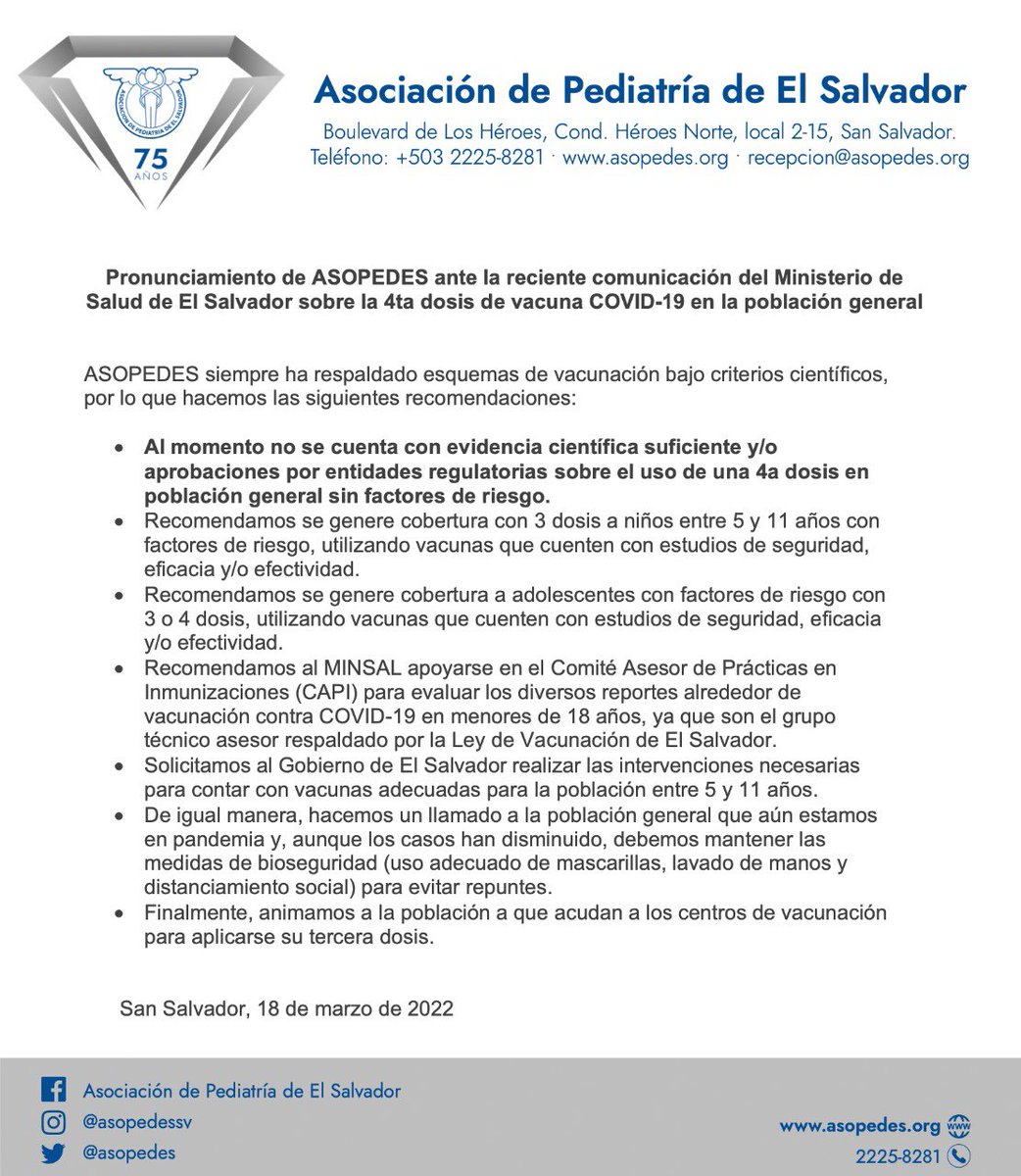 ASOPEDES's tweet photo. Hacemos de conocimiento público nuestra postura ante  la reciente comunicación del Ministerio de Salud sobre la 4ta dosis de la vacuna Covid-19: @canal33tv @Canal_12 @tcsnoticias @uhprensagrafica @elsalvadorcom @_elfaro_ @GatoEncerradoSV @UniNoticias @YSUCA_RADIO @radioyskl https://t.co/F20FTBiDWI