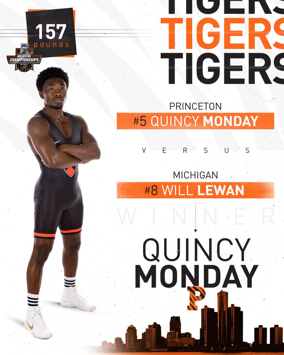 HISTORY MADE!

For the first time ever, TWO Tigers will be wrestling for national championships on the same night! 

(5) Quincy Monday is a 3-2 winner over Michigan's (8) Will Lewan and is on to the #NCAAWrestling finals!