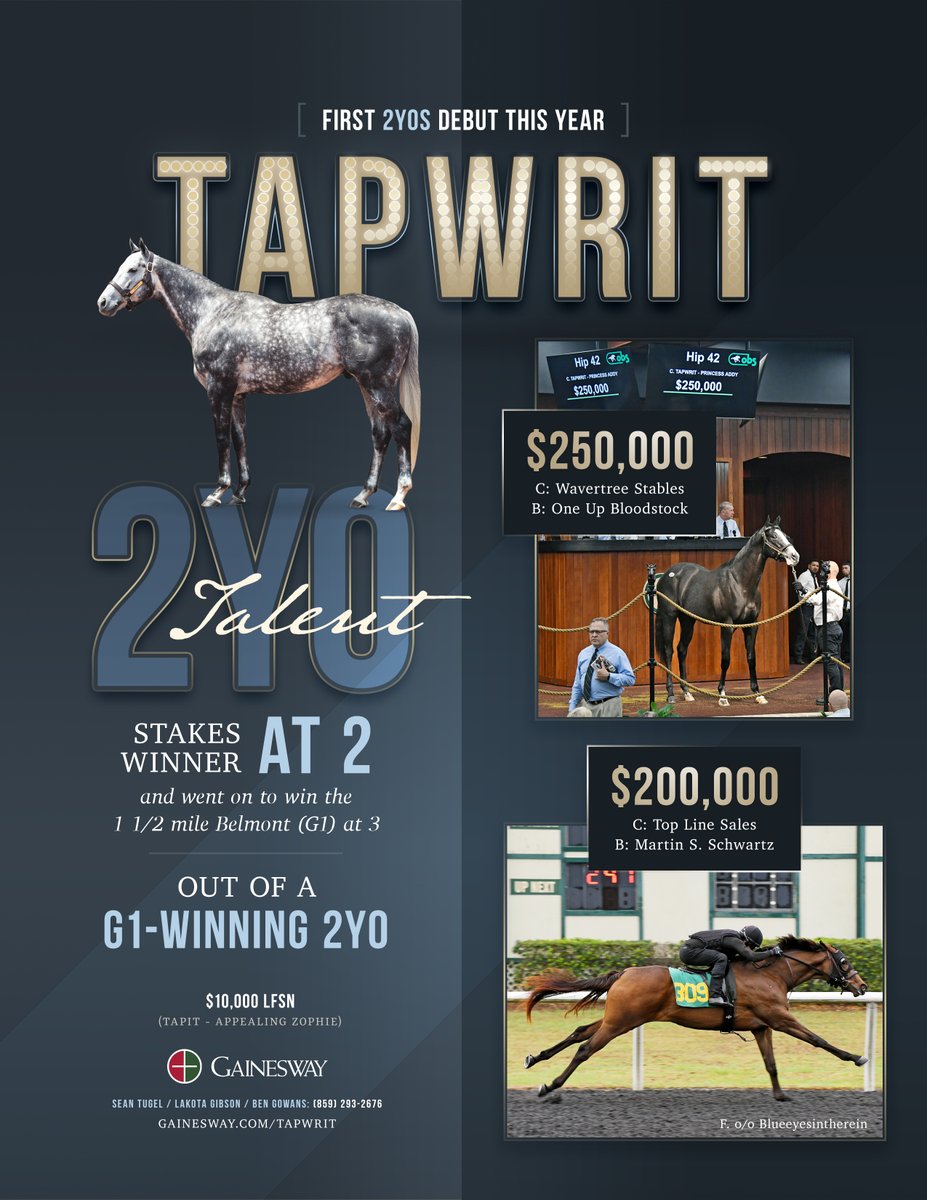 BloodHorse's tweet photo. First-crop 2-year-olds by @Gainesway’s TAPWRIT shined at OBS March ✨ selling for $250,000, $200,000, etc. 
#2YOTalent

#ad https://t.co/oU6EjILjKL