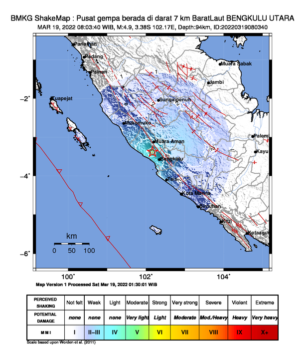 infoBMKG's tweet photo. #Gempa Mag:4.9, 19-Mar-22 08:03:40 WIB, Lok:3.38 LS, 102.17 BT (Pusat gempa berada di darat 7 km BaratLaut BENGKULU UTARA), Kedlmn:94 Km Dirasakan (MMI) III Bengkulu Utara, II-III Lebong, II-III Kota Bengkulu, II Kepahiang #BMKG https://t.co/akyErFdyz2