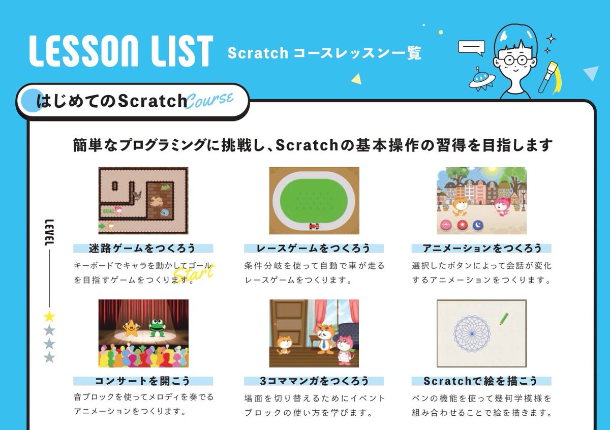 キュリオステーション豊中店 ˋˏ はじめてのスクラッチ ˎˊ 簡単なプログラミングに挑戦 迷路ゲーム レースゲーム アニメーション ３コマ漫画 お絵描き 好きなことで楽しみながら スクラッチの基本操作を習得していきます 無料体験会