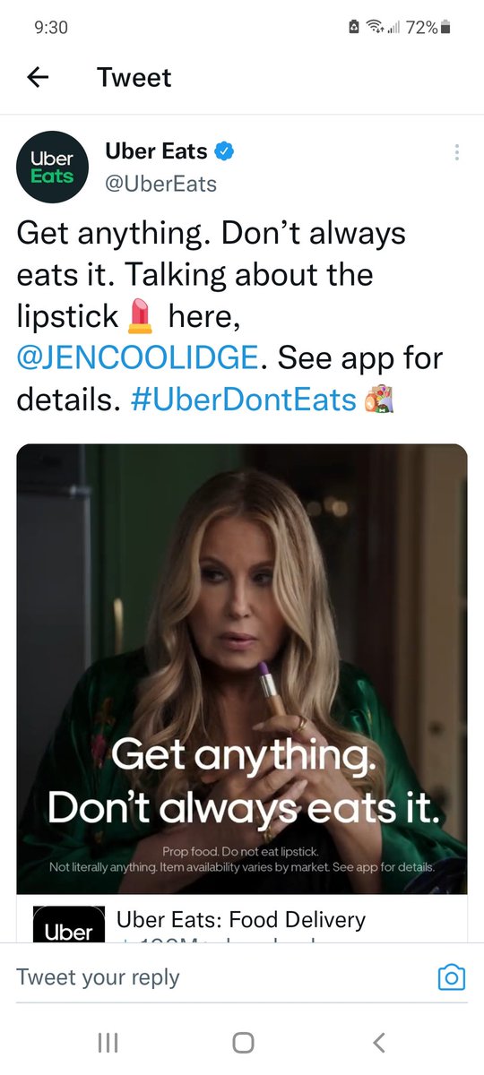 non_rb's tweet photo. @UberEats @JENCOOLIDGE Don't always "eats it"? How about "type something, don't always tweet it without checking if it makes sense first"? https://t.co/07cMoshwt9