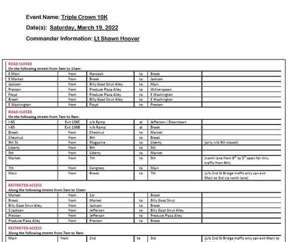 LMPD's tweet photo. Saturday 3-19-22 the @TripleCrownRun 10K race will take place. Please note the listed road closures & detours that will be in place during this event. Plan accordingly if you need to travel in and around downtown #Louisville. We have included a map. #LMPD #Traffic #LTCOR #Running https://t.co/zyK4LB60PV