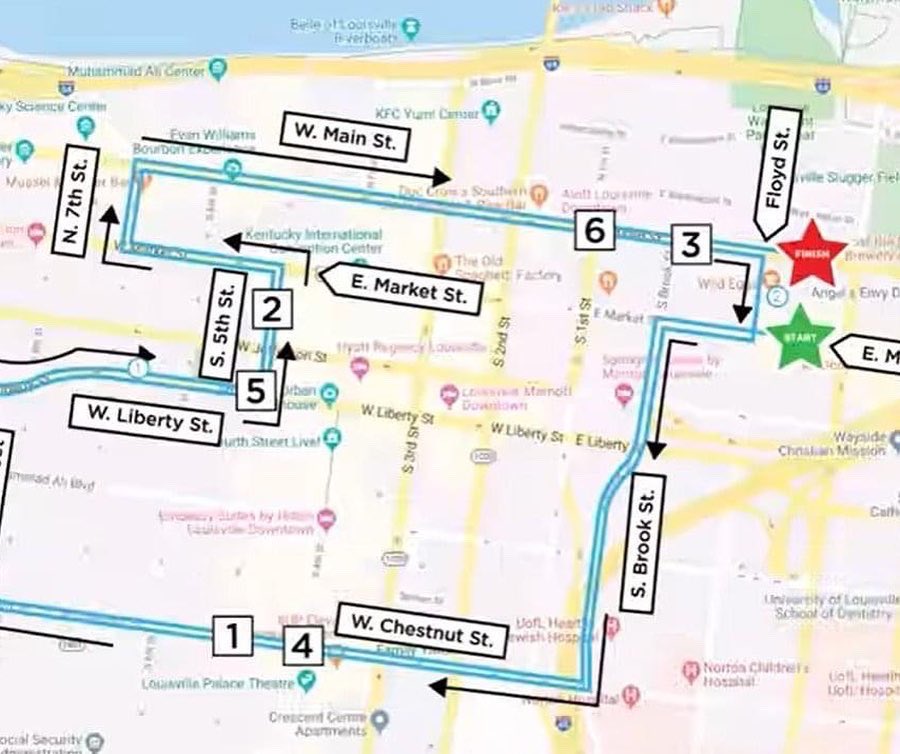 LMPD's tweet photo. Saturday 3-19-22 the @TripleCrownRun 10K race will take place. Please note the listed road closures & detours that will be in place during this event. Plan accordingly if you need to travel in and around downtown #Louisville. We have included a map. #LMPD #Traffic #LTCOR #Running https://t.co/zyK4LB60PV