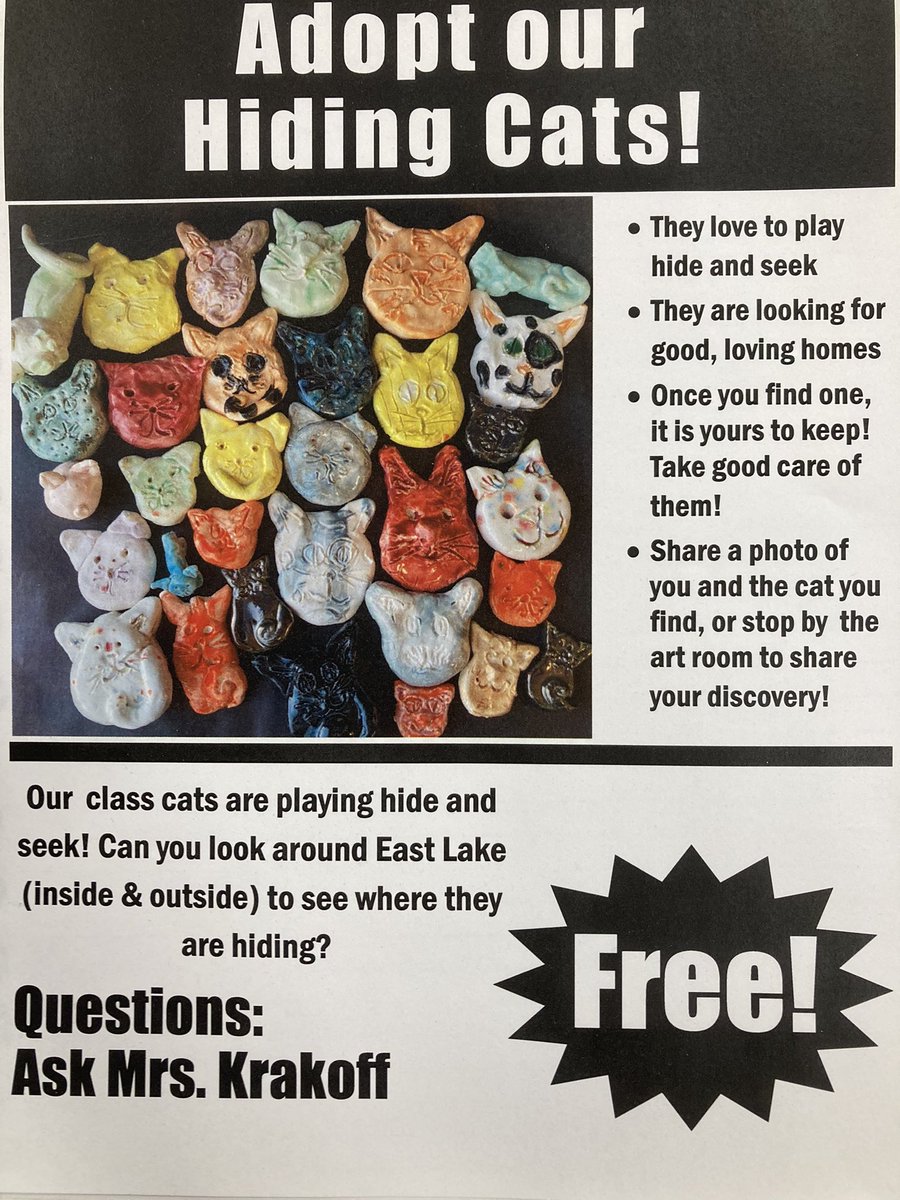Patti Krakoff (@artlvrpatti) on Twitter photo My 5th grader Art helpers <a href="/msdeastlake/">East Lake School</a> <a href="/FPAMassapequa/">MSD Fine & Performing Arts</a> created ceramic cats. This month we are hiding them around the school for <a href="/youthArtMonthNY/">YAM_newyork</a> Finders keepers! Owen was the first student to find one! Look inside and outside the building! My 5th grader Art helpers <a href="/msdeastlake/">East Lake School</a> <a href="/FPAMassapequa/">MSD Fine & Performing Arts</a> created ceramic cats. This month we are hiding them around the school for <a href="/youthArtMonthNY/">YAM_newyork</a> Finders keepers! Owen was the first student to find one! Look inside and outside the building!