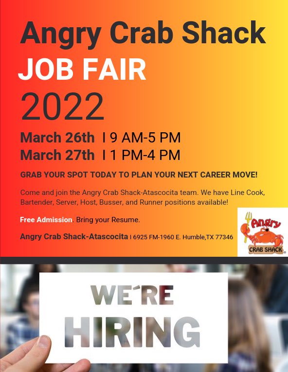 angrycrab_tx's tweet photo. We’re Hiring! See you there! Spread the word friends and family! #GetCrackin’! https://t.co/OAwMcgjutd