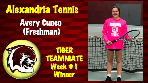 Congrats to Freshman Tennis Player Avery Cuneo <a href="/AveryCuneo/">Avery Cuneo</a>  She was selected by her teammates as the Teammate of the Week (Week #1 in 2022).   The award honors someone each week showing the qualities of a good teammate for the Tigers Tennis Squad.