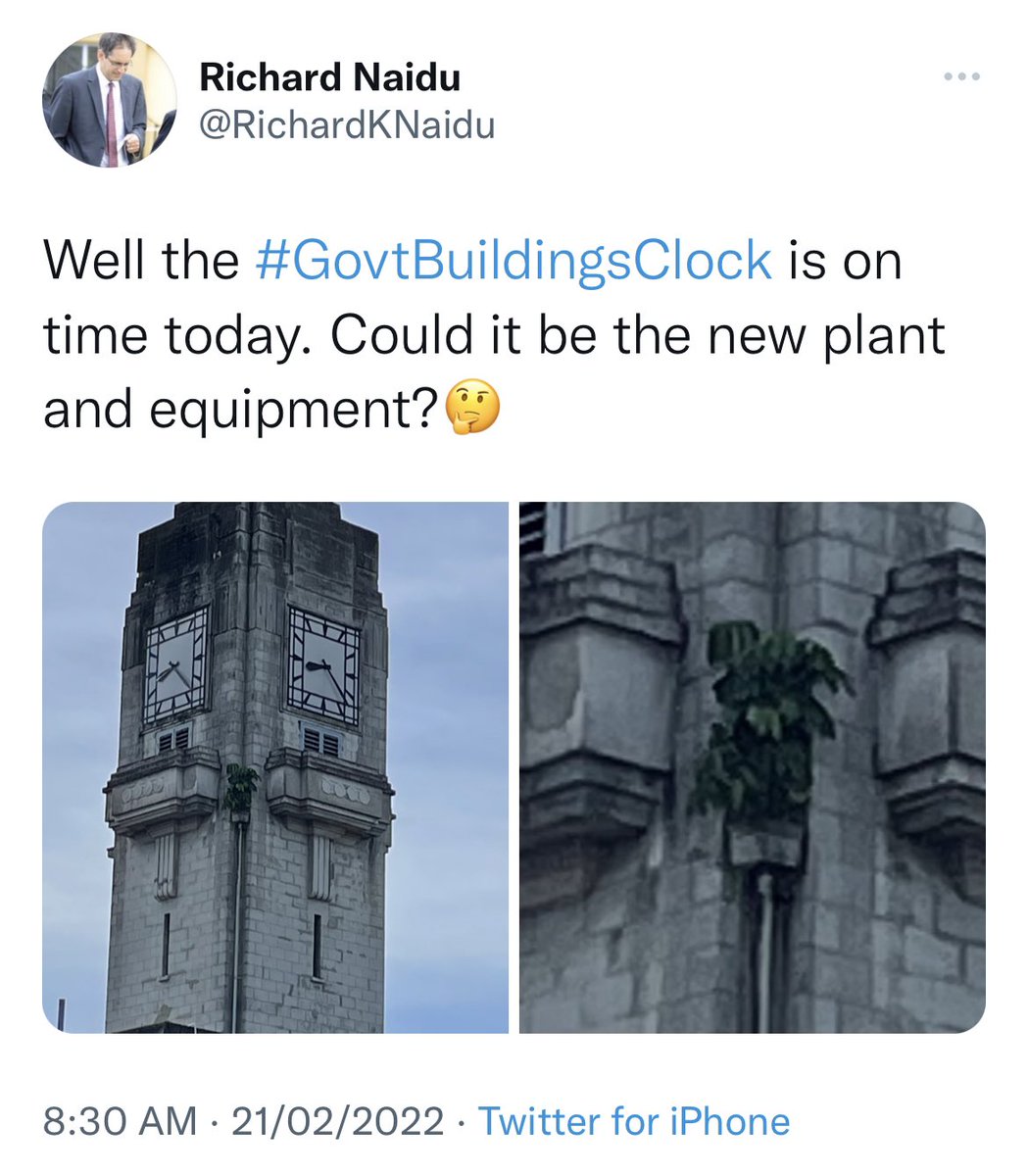 RichardKNaidu's tweet photo. Right. We’ve managed to remove the plant growing out of the side of the #GovtBuildingsClock tower - well done Fiji Government - but it’s 1.35pm so the time’s all wrong again. We can just never quite get it all together, can we?🤔 https://t.co/6YczTgXtVo