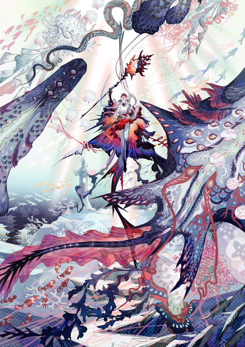 white hair colored skin 1girl holding wings extra eyes holding staff  illustration images