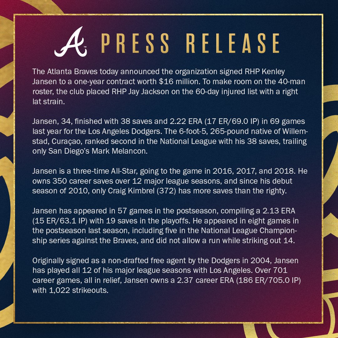 Braves's tweet photo. #Braves Sign Kenley Jansen: https://t.co/3Dp2oXjdS3