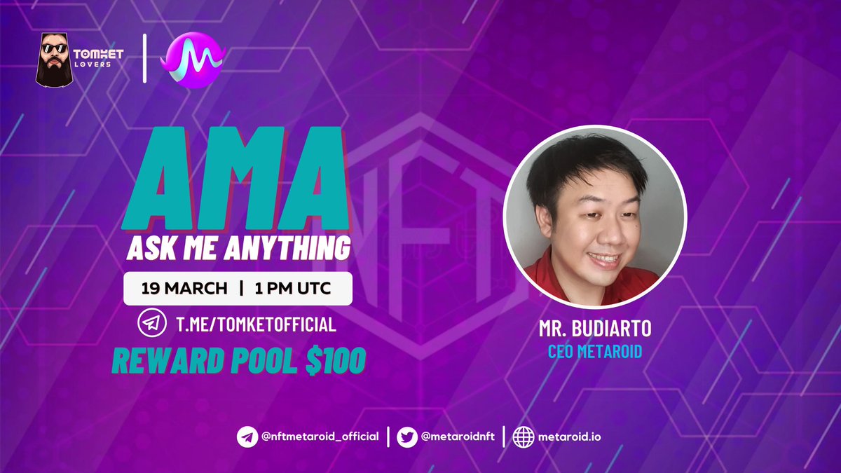 We will be holding an AMA with

Metaroid will hold an AMA at Tomket Community
AMA Timing : Mar 19 20:00 WIB || 1:00 PM UTC
Reward Pool : 
100$
Rules AMA: 
1. Join Group
t.me/nftmetaroid_of…
t.me/TomketOfficial
2. Twitter
x.com/metaroidnft

#AMA