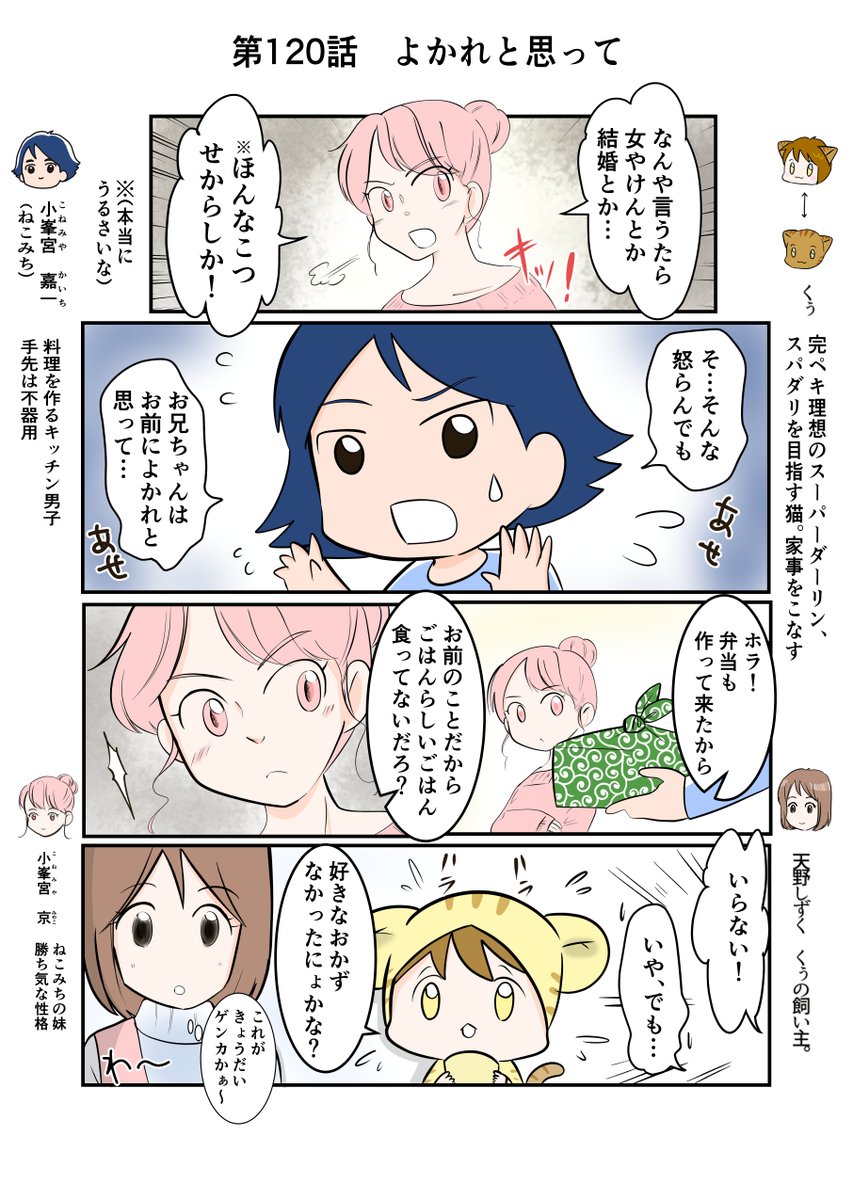 #スパダリにゃんこ 
#くぅの日常 第120話 
よかれと思って

ハイスペックなスーパーダーリン、スパダリ猫を目指すくぅと、飼い主しずくちゃんの日常マンガ。

ねこみち&amp;みやこの兄妹ゲンカ勃発⁉︎
仲裁しようとがんばるくぅだけど…。

#創作マンガ 