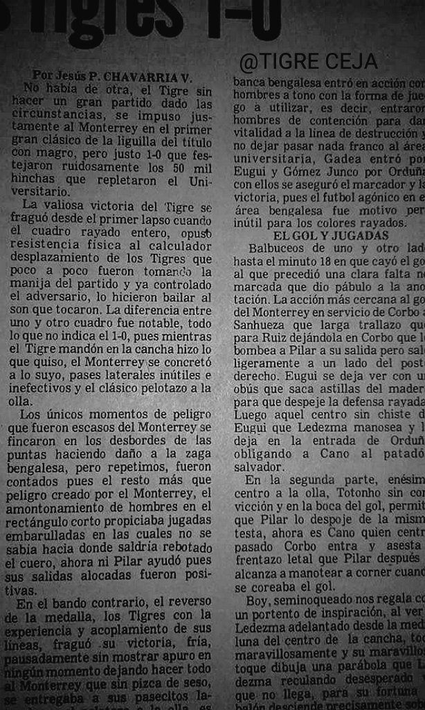CejaTigre's tweet photo. Aquí les dejo dos recortes de periódico de hemeroteca en donde podemos darnos cuenta cómo se vivía el clásico entre @TigresOficial vs @Rayados, algunos números históricos hasta ese entonces (1979), goleadores, datos, reseñas, etc..

CON EL ÚNICO FIN DE COMPARTIR EL CLÁSICO🐯⚽💓 https://t.co/Lz4eDMtjaV