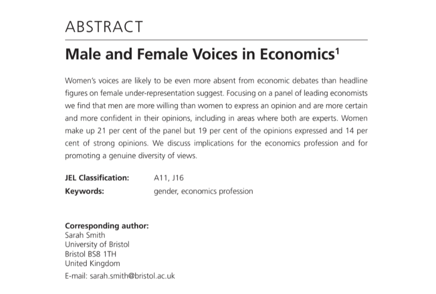 khoslasaksham's tweet photo. Research on the gender gap in economics debates (i.e., among professional economists) finds:
- men are more willing to express opinions and are more confident in them
- Women make up 21% of the panel but 19% of opinions expressed and 14% of strong opinions
https://t.co/ALdiGcu40B https://t.co/jRBZEMnZMg