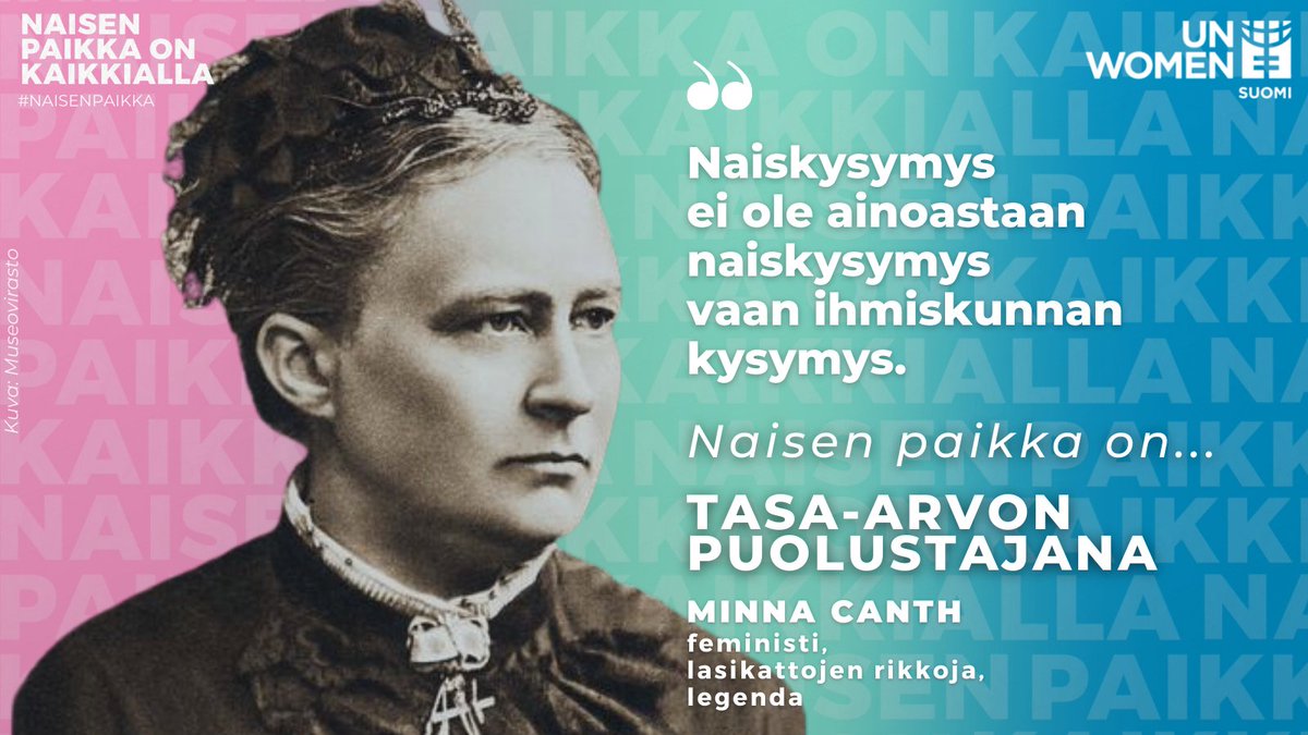 Hyvää tasa-arvon ja Minna Canthin päivää!
Minna Canth uskoi, että tasa-arvoinen maailma on mahdollinen, ja me uskomme samaan. Tule rinnallemme rakentamaan parempaa maailmaa - liity UN Women Suomen jäseneksi. Yhdessä olemme vahvempia! ow.ly/hO7U50Immv4

#tasaarvo #minnacanth