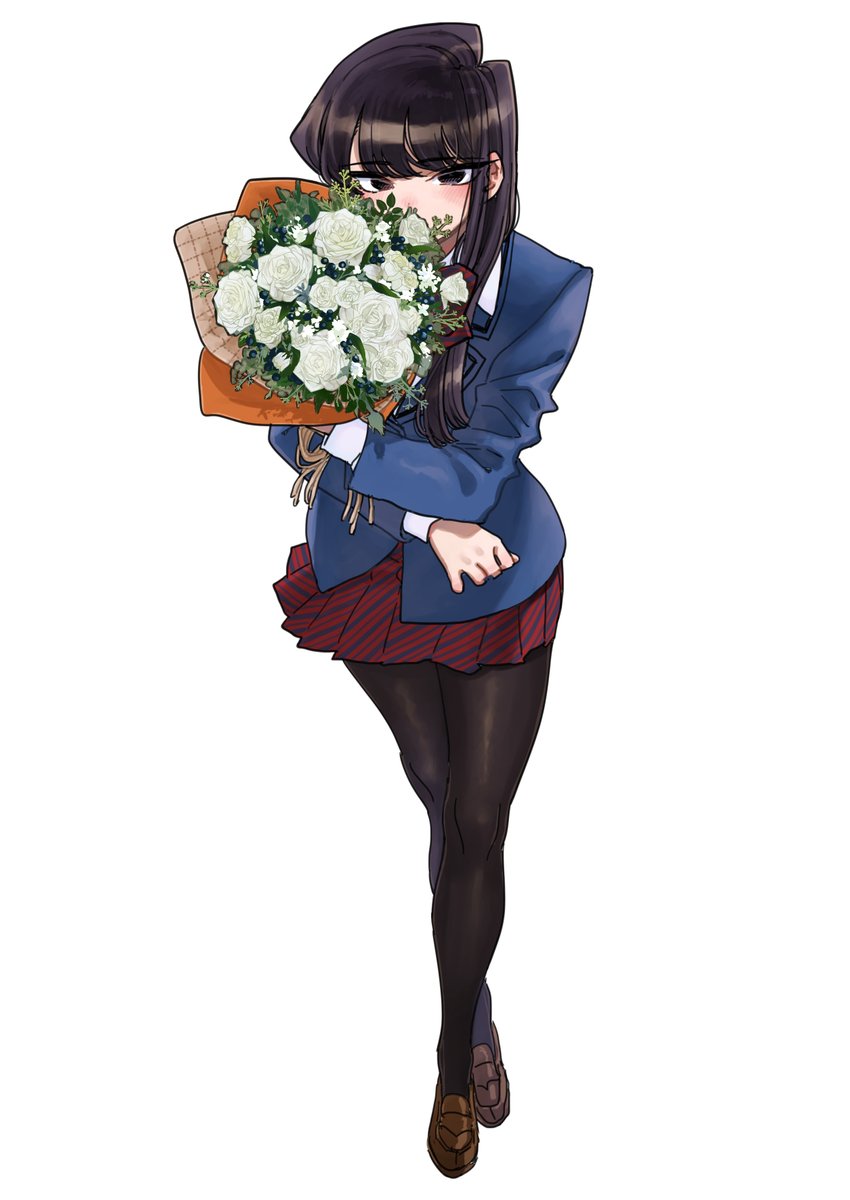 komi shouko 1girl pantyhose solo skirt flower school uniform black hair  illustration images