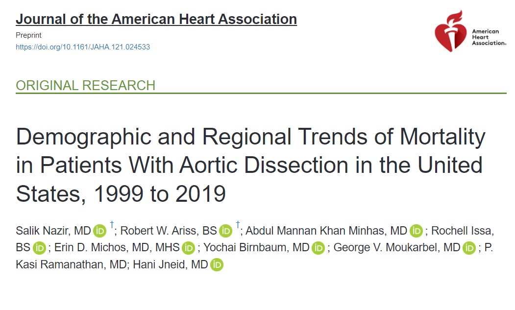 Salik Nazir (@saliknazirmd) on Twitter photo In our paper in <a href="/JAHA_AHA/">JAHA</a>, we found that Aortic Dissection-related mortality has been increasing in the US from 2012 to 2019, with pronounced demographic and racial disparities.
@MannanMinhas @RW_Ariss <a href="/RochellIssa7/">Rochell Issa (she/her)</a> <a href="/ErinMichos/">Erin D. Michos, M.D.</a> <a href="/PKR_MD/">Kasi Ramanathan</a> <a href="/docHJ/">Hani Jneid MD</a> @UToledoMedia #CardioTwitter In our paper in <a href="/JAHA_AHA/">JAHA</a>, we found that Aortic Dissection-related mortality has been increasing in the US from 2012 to 2019, with pronounced demographic and racial disparities.
@MannanMinhas @RW_Ariss <a href="/RochellIssa7/">Rochell Issa (she/her)</a> <a href="/ErinMichos/">Erin D. Michos, M.D.</a> <a href="/PKR_MD/">Kasi Ramanathan</a> <a href="/docHJ/">Hani Jneid MD</a> @UToledoMedia #CardioTwitter