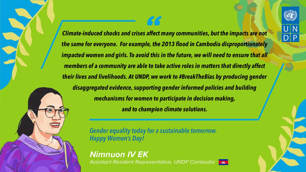 UNDPCambodia's tweet photo. "We work to #BreakTheBias by producing #gender disaggregated evidence, supporting gender informed policies &amp; building mechanisms for #women to participate in decision making, &amp; to champion climate solutions." -- @nimnuon_ivek, @UNDPCambodia's Assistant RR. #IWD2022 #ClimateAction https://t.co/GJBNSkgS3t