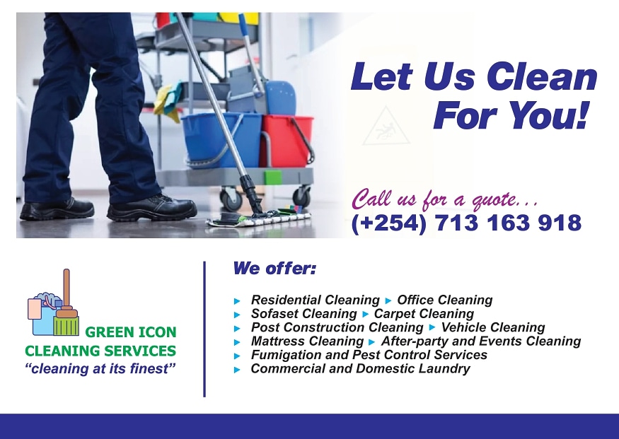 Consider engaging Green Icon Cleaning Services for all your cleaning needs,0713 163 918