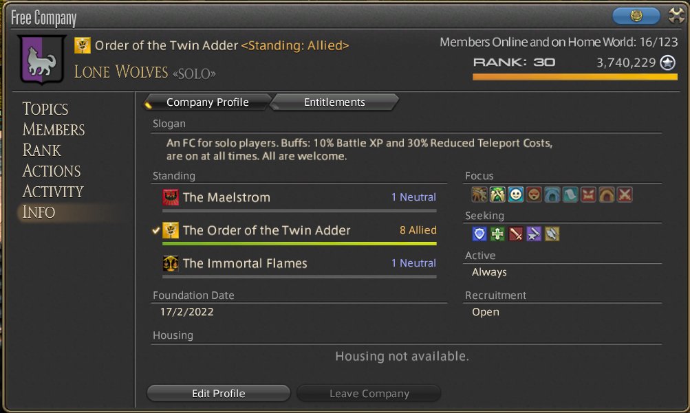 JessiDee303's tweet photo. Just over a month ago I created the FC Lone Wolves <SOLO> on Sephirot, for mostly solo players like myself.
Today we have hit max rank and have over 120 members!
https://t.co/4r5MeIVD87
#FFXIV #FreeCompany https://t.co/ZYCDWvW896