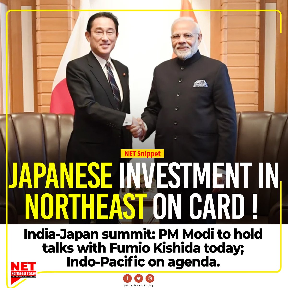 NortheastToday's tweet photo. #NewsUpdate | Japanese PM Kishida Fumio is set to visit India from Saturday for the 14th India-Japan Annual Summit. Kishida will hold summit talks with PM Narendra Modi to review and strengthen the bilateral cooperation in diverse areas.
#IndiaJapanAnnualSummit #summittalks https://t.co/qTcwx2NJoq
