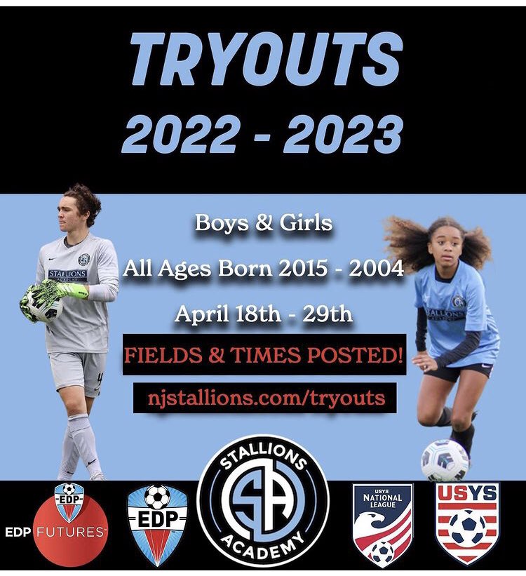 NJStallions's tweet photo. 2022-2023 NJ Stallions Academy Tryout Schedule is now posted! Visit https://t.co/9q6wbYod6f for full details. Register today! #njstallions #edpsoccer #njyouthsoccer #newjerseysports https://t.co/lN8Ukwnf6J