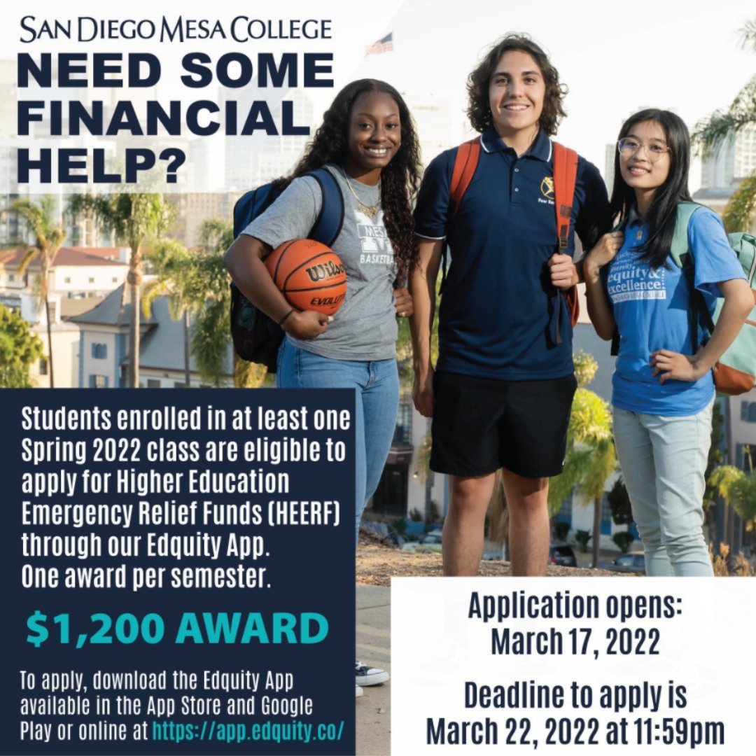 SDMesaAbroad's tweet photo. Apply for $1,200 in HEERF Funds.
Students must be enrolled in at least one Spring 2022 class.
In order to receive the funds, students will need to download the @edquityapp or apply online here: https://t.co/NPLJVCmgaq https://t.co/F6KZyjfUPV