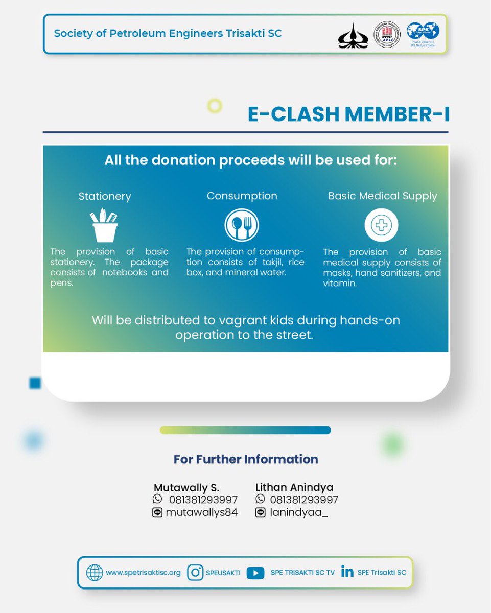 [E-Clash Member-I]

Ramadan is the month of spreading kindness. Therefore, SPE Trisakti SC decides to extend our care through “E-Clash Member-I”. 💫

There are many ways to support us! Check out the photos below. We greatly appreciate your help on this project.

#ScaleUpToSkillUp