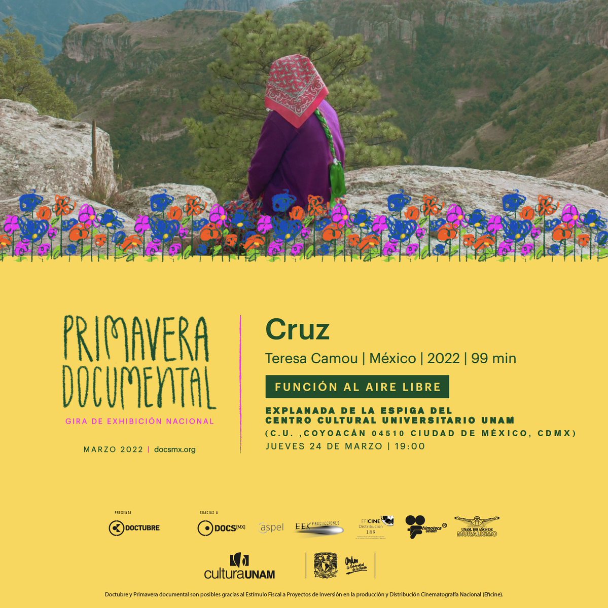 FilmotecaUNAM's tweet photo. El próximo jueves 24 de marzo te esperamos en la proyección al aire libre de 'Cruz' (2022), de Teresa Camou, con motivo de la gira "Primavera documental" de @DocsMX. ¡Imperdible!

📍 Explanada de la Espiga, CCU | 19h. https://t.co/G3UxWkK97O