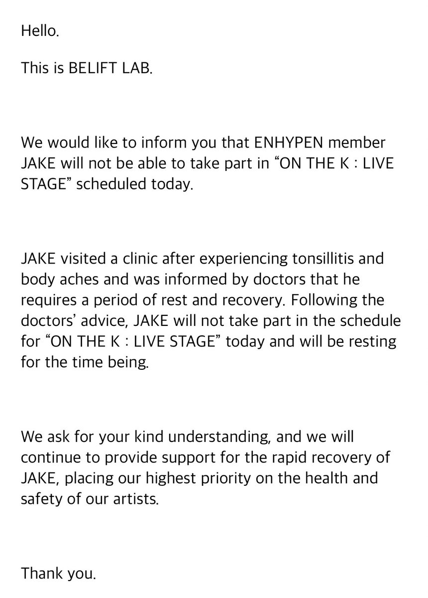 jakeupdateteam's tweet photo. 190322 [NOTICE]
 
We are praying for your speedy and full recovery, Jaeyun. 

GET WELL SOON, JAKE :(

#ENHYPEN_JAKE #엔하이픈_제이크 #제이크 @ENHYPEN_members @ENHYPEN https://t.co/K9DsDOHMmg