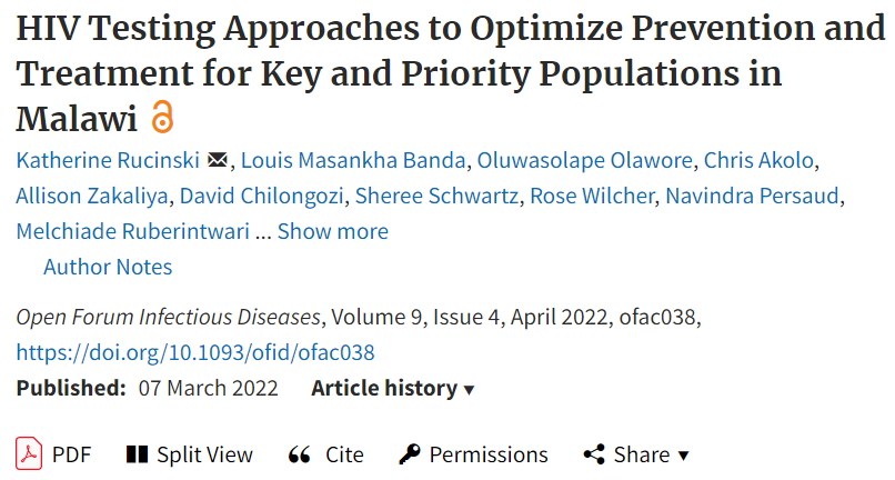 IDSAInfo's tweet photo. A new study in OFID suggests that differentiated HIV testing and outreach approaches tailored to the needs of different key populations may facilitate improved treatment initiation in Malawi. 

📄:https://t.co/osT12VGYEr @PaulSaxMD @DrJLi @KateRucinski @Louis_Banda https://t.co/rohvrsQvTN