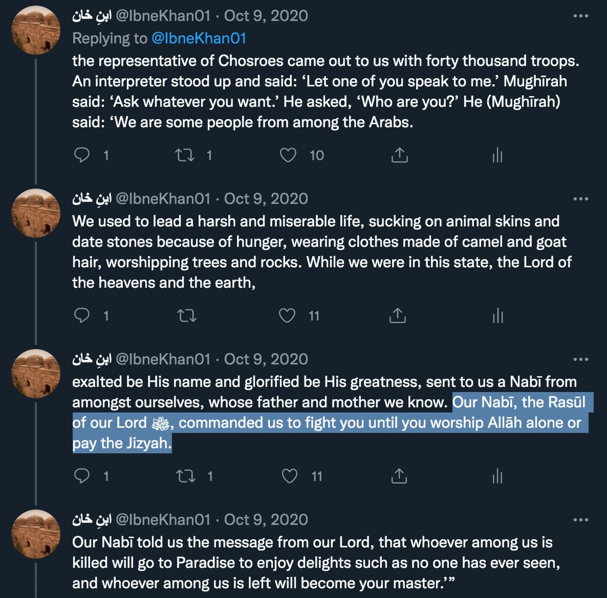 IbneKhan01's tweet photo. Pre-emptive self-defence, is that why they were unaware as to who they were and for what purpose they had come? Why did Mughīrah not mention they were there for pre-emptive self-defence, but rather mentioned the command to fight till accepting Islām or jizyah: https://t.co/C0Qpfr3vAI