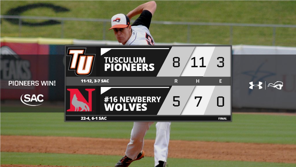 TusculumSports's tweet photo. PIONEERS WIN! Justin Parker throws four shutout innings to pick up the victory for @tusculumbsb and hand #16 Newberry its first SAC loss #WeArePioneers #PioneerUP https://t.co/5JB3TiYAyc