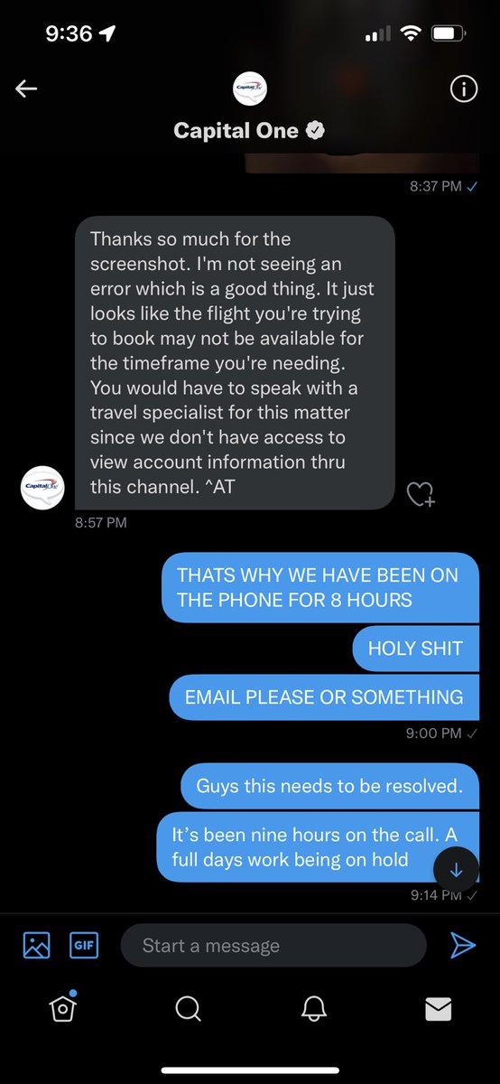 Gregrydoodly's tweet photo. @AskCapitalOne on hold for 9 hours. Complains on twitter. Twitter responds. Twitter says we should give them a call. Excellent. https://t.co/GOxBC1waD8