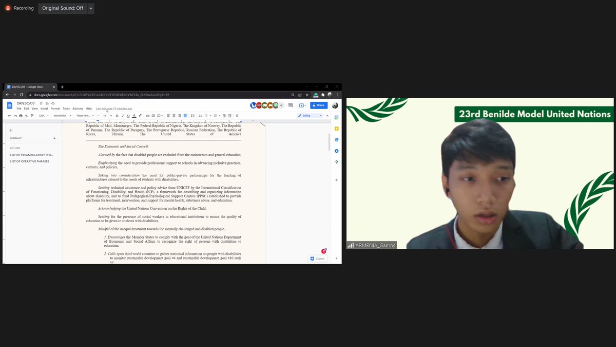 BenildeMUN's tweet photo. HAPPENING NOW: The delegate of Armenia, as the sole sponsor present for DR/ESC/03, presents their bloc's draft resolution, specifically its rationale and details, to the body. 

DR/ESC/03 is also sponsored by the United Mexican States and the Swiss Confederation. 

#ECOSOCUpdates https://t.co/z5VzfklVMi