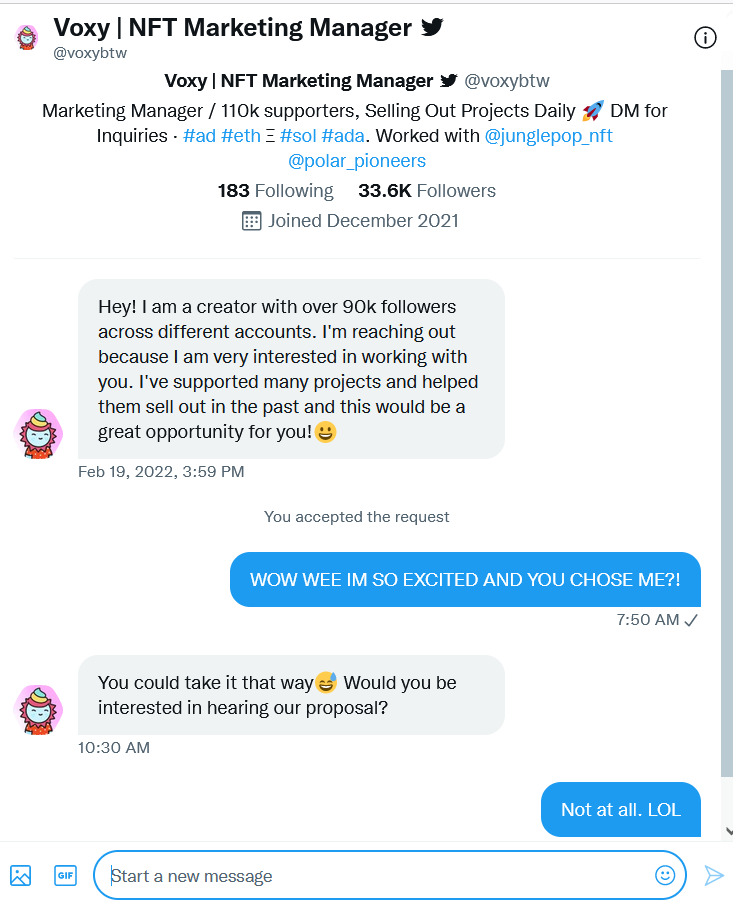 DVDerivatives's tweet photo. We're minting right now! Check out our pinned tweet for more details. Surrealist art at a realist's prices.
#Cardano #ADA #NFT #CNFT 

Also really enjoying responding to these scammers every now and then! 😇 https://t.co/GcVF4qmWPn